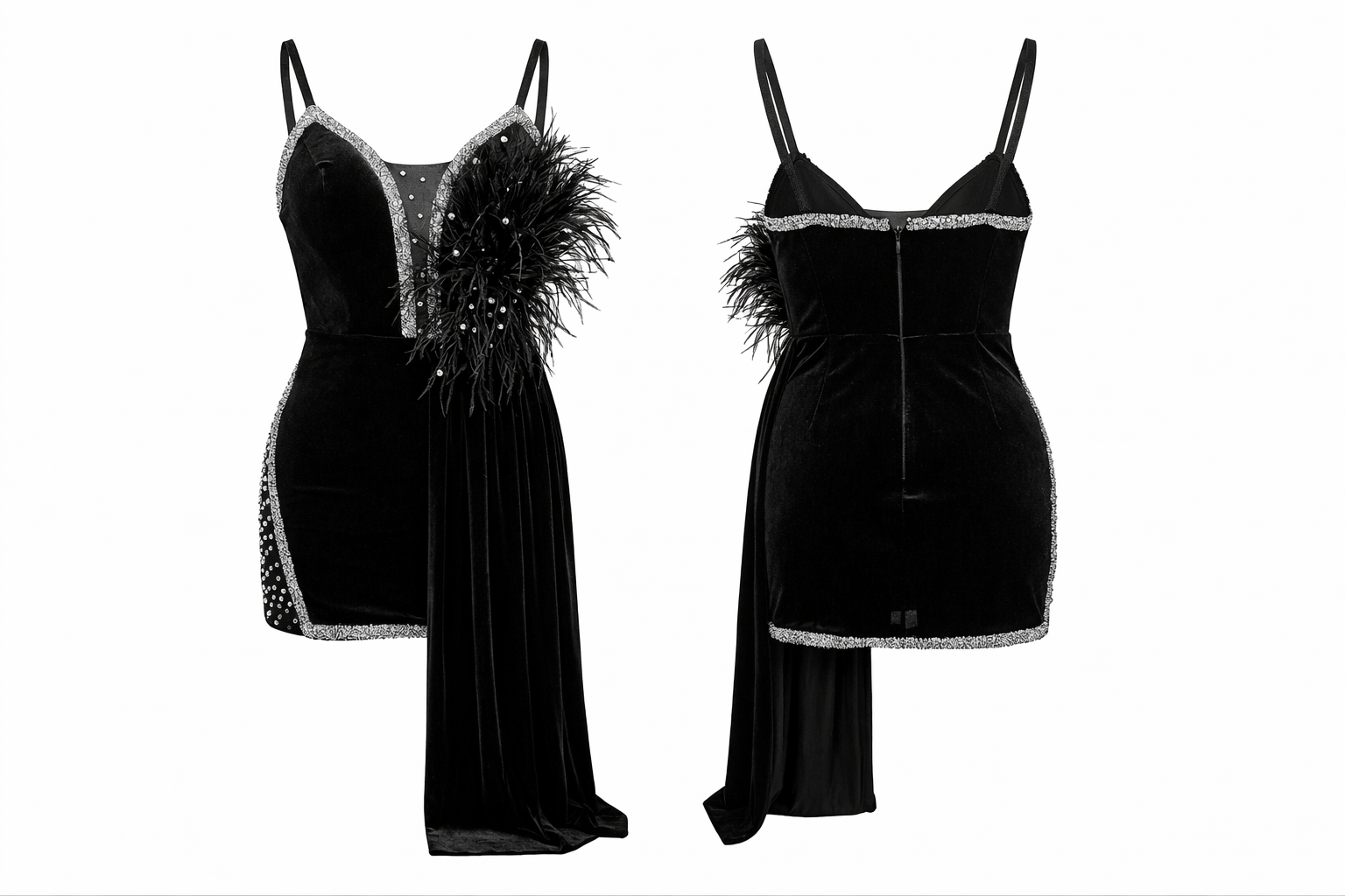 A glamorous black velvet mini dress with a fitted silhouette